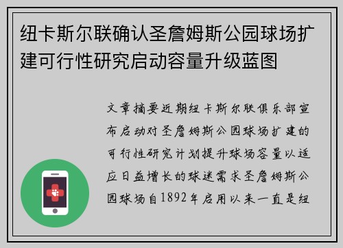纽卡斯尔联确认圣詹姆斯公园球场扩建可行性研究启动容量升级蓝图